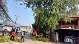 ดับเพลิงนครแม่สอด ออกดำเนินการตัดต้นไม้พาดผ่านสายไฟฟ้า บริเวณสามแยกศาลปู่แดง