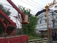 ดับเพลิงนครแม่สอด ออกตัดเถาวัลย์พันสายไฟฟ้า บริเวณหน้าศาลเจ้าจีนแม่สอด