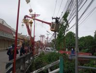 ดับเพลิงนครแม่สอด ออกตัดเถาวัลย์พันสายไฟฟ้า บริเวณหน้าศาลเจ้าจีนแม่สอด