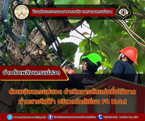 ดับเพลิงนครแม่สอด ดำเนินการตัดแต่งกิ่งไม้พาดผ่านสายไฟฟ้า บริเวณใกล้เคียง F4 Hotel