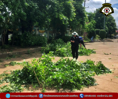 ดับเพลิงนครแม่สอด ออกดำเนินการตัดแต่งกิ่งไม้ เนื่องจากบดบังทัศนวิสัย บริเวณสำนักงานเทศบาลนครแม่สอด