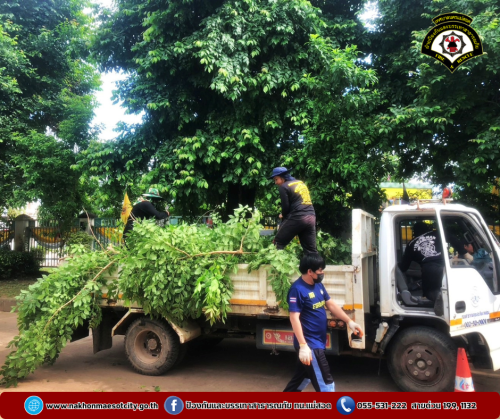 ดับเพลิงนครแม่สอด ออกดำเนินการตัดแต่งกิ่งไม้ เนื่องจากบดบังทัศนวิสัย บริเวณสำนักงานเทศบาลนครแม่สอด