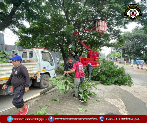 ดับเพลิงนครแม่สอด ออกดำเนินการตัดแต่งกิ่งไม้ เนื่องจากพาดผ่านสายไฟฟ้า บริเวณใกล้เคียงไทยแสงทองบ้านโต้ง