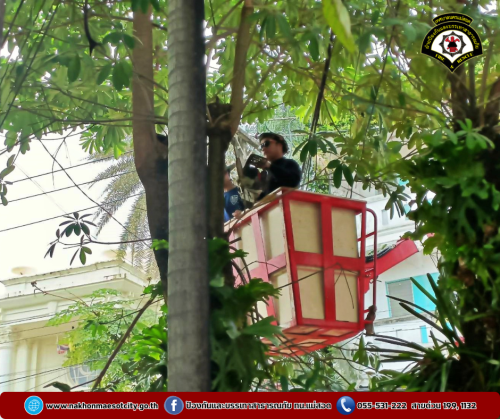 ดับเพลิงนครแม่สอด ออกดำเนินการตัดแต่งกิ่งไม้ บริเวณป้อมตำรวจแม่สอด ใกล้เคียงวัดอรัญญเขต