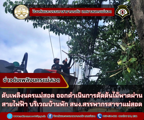 ดับเพลิงนครแม่สอด ออกดำเนินการตัดต้นไม้พาดผ่านสายไฟฟ้า บริเวณบ้านพักสำนักงานสรรพากร สาขาแม่สอด