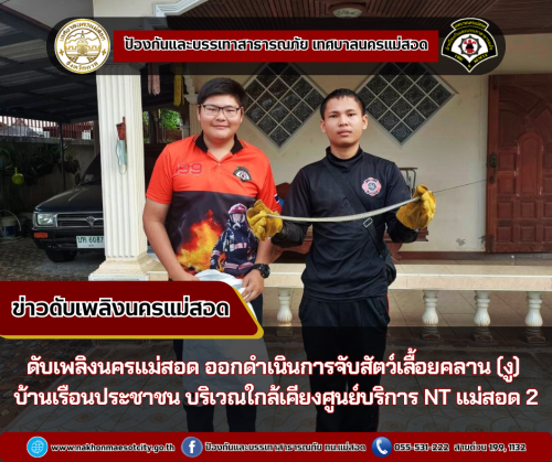 ดับเพลิงนครแม่สอด ออกดำเนินการจับสัตว์เลื้อยคลาน (งู)  บ้านเรือนประชาชน บริเวณใกล้เคียงศูนย์บริการ NT แม่สอด 2