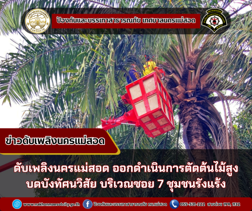 ดับเพลิงนครแม่สอด ออกดำเนินการตัดต้นไม้สูงบดบังทัศนวิสัย บริเวณซอย 7 ชุมชนรังแร้ง