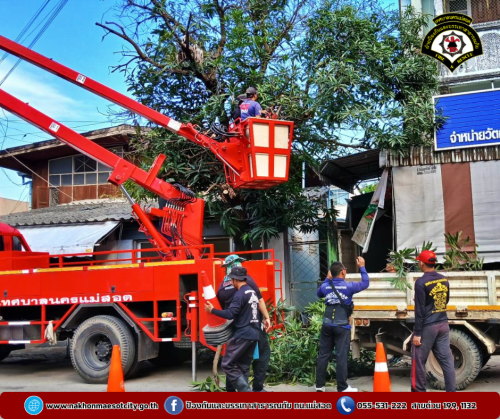ดับเพลิงนครแม่สอด ออกดำเนินการตัดต้นไม้พาดผ่านสายสื่อสาร บริเวณใกล้เคียงร้านอี้เหวิน ถนนประสาทวิถี