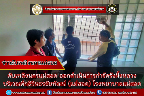 ดับเพลิงนครแม่สอด ออกดำเนินการกำจัดรังผึ้งหลวง บริเวณตึกสิรินธรชัยพัฒน์ (แม่สอด) โรงพยาบาลแม่สอด