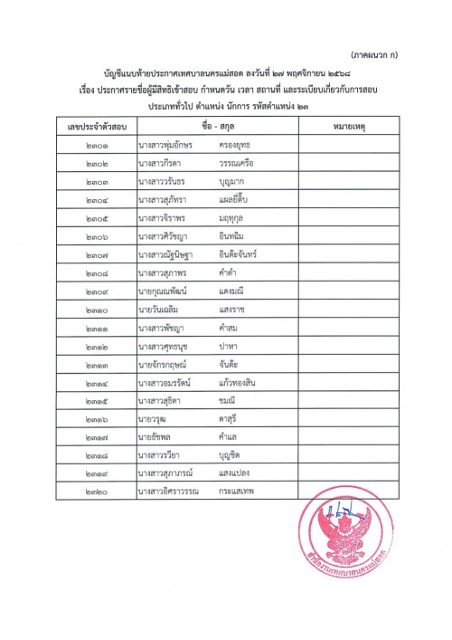 ประกาศเทศบาลนครแม่สอด เรื่อง ประกาศรายชื่อผู้มีสิทธิเข้าสอบ กำหนดวัน เวลา สถานที่ และระเบียบเกี่ยวกับการสอบ