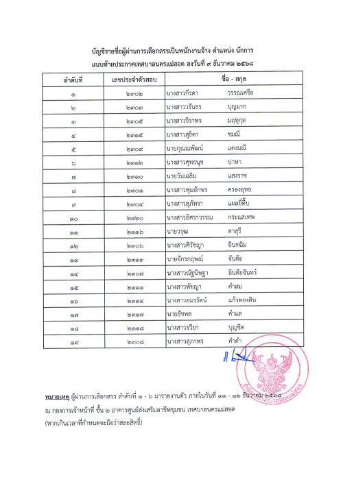 ประกาศเทศบาลนครแม่สอด เรื่อง ประกาศบัญชีรายชื่อและการขึ้นบัญชีผู้ผ่านการเลือกสรรเป็นพนักงานจ้าง