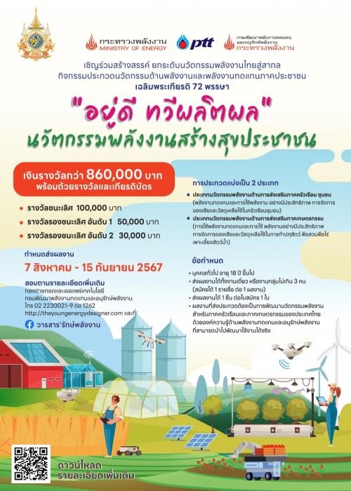 ประชาสัมพันธ์ จัดประกวด “อยู่ดี ทวีผลิตผล” นวัตกรรมพลังงานสร้างสุขประชาชน ชิงเงินรางวัลกว่า 860,000 บาท สืบสาน พระราชปณิธาน เฉลิมพระเกียรติ 72 พรรษา
