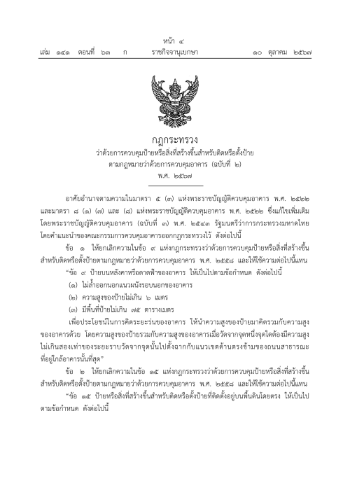 กฎกระทรวง ว่าด้วยการควบคุมป้ายหรือสิ่งที่สร้างขึ้นสำหรับติดหรือตั้งป้ายตามกฎหมายว่าด้วยการควบคุมอาคาร (ฉบับที่ 2) พ.ศ. 2567